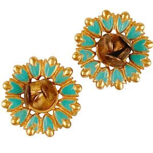 Vintage 1950s Earrings Aqua Enamel Rosebud Screw Back Mid Century Gold Tone